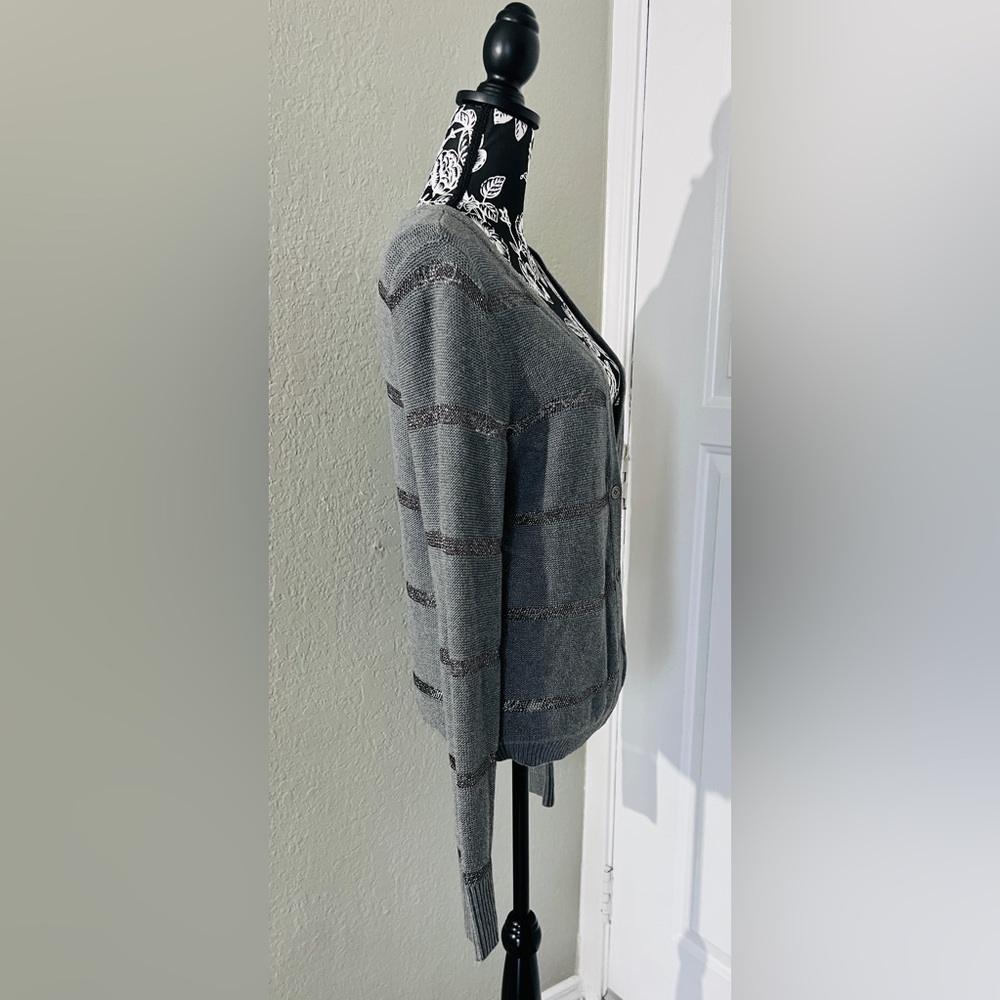 LOFT Sweater sheer silver metallic stripe V neck Size L NWOT - Picture 5 of 8